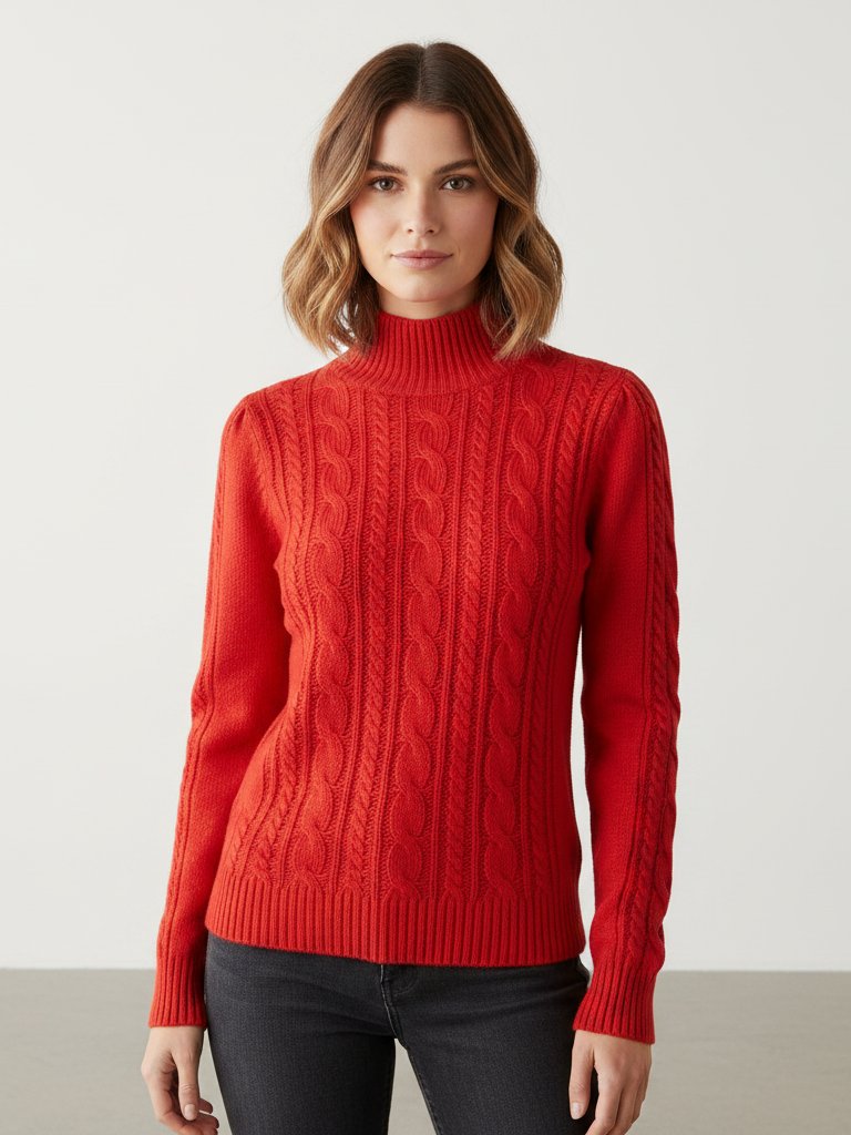 New Ann Taylor S Red Puff Sleeve Cable Sweater Mock Neck Minimalist Preppy
